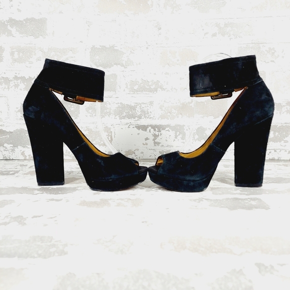Nine West Ivorie Navy Blue Ankle Strap Buckle OpenToe Platform Chunky Heels i635 - Picture 7 of 12